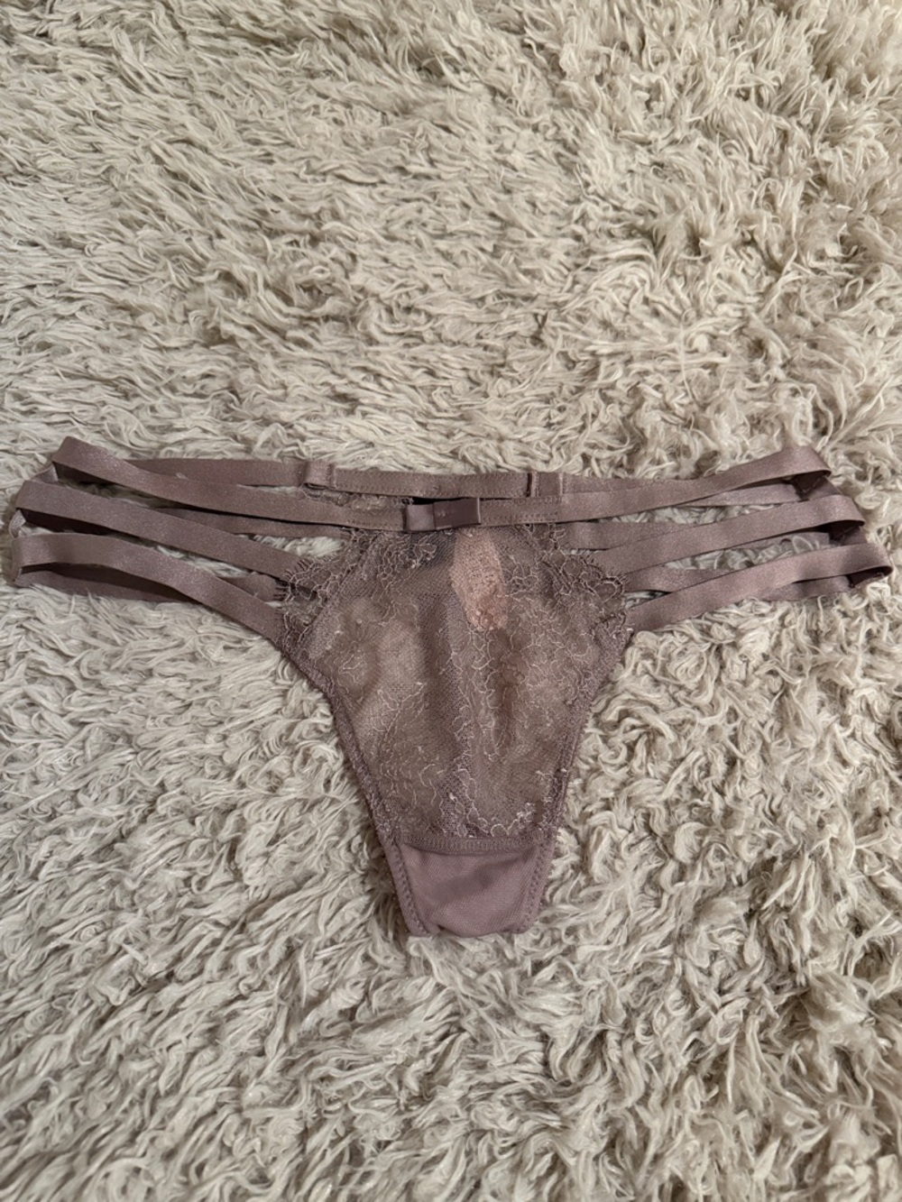 NWT VICTORIA'S SECRET VERY SEXY TAUPE EYELASH LACE STRAPPY THONG PANTIES SMALL
